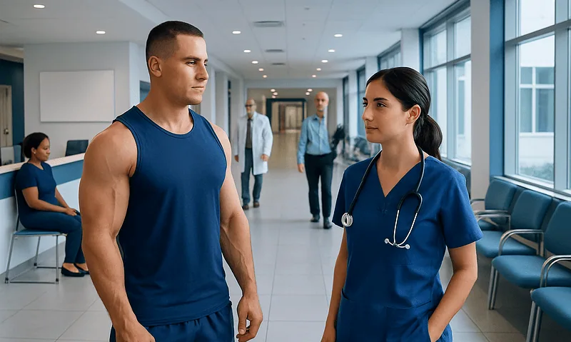 Male patient talking to nurse in hospital corridor.