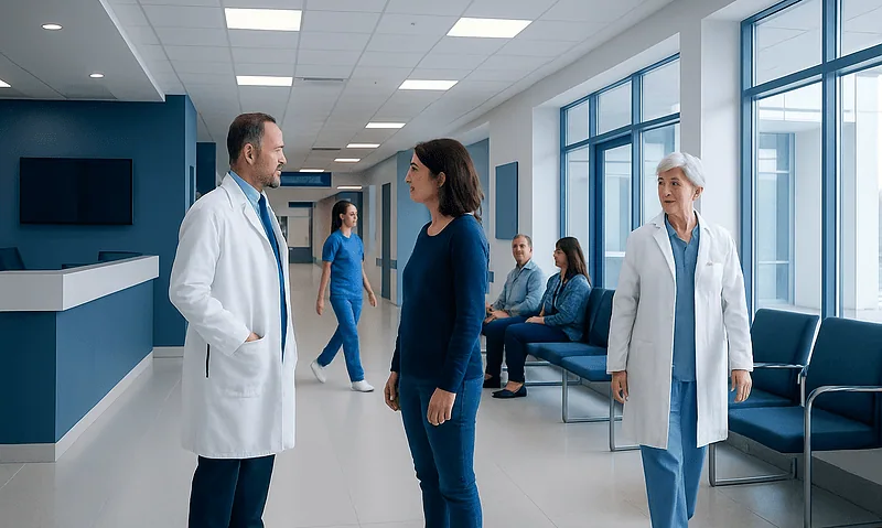 Medical professionals and patients in a hospital corridor at Acibadem Hospitals Group.