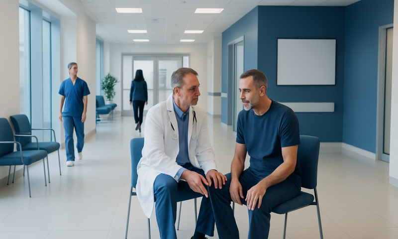 Doctor consulting with patient in hospital corridor at Acibadem Hospitals Group.