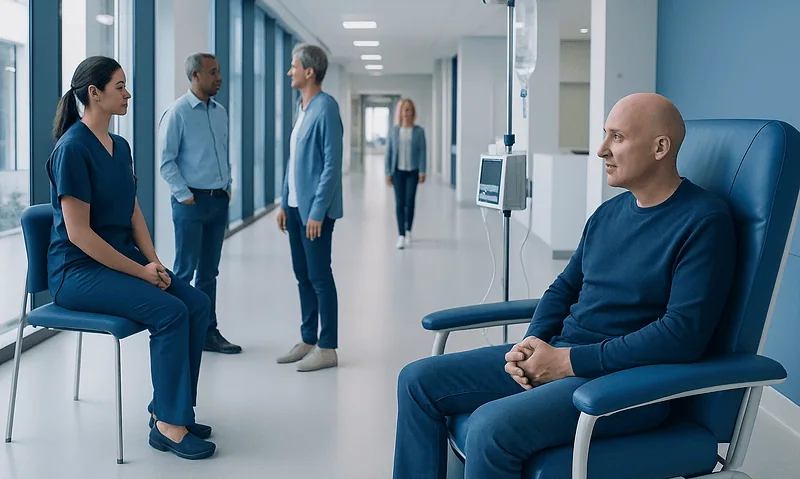 Patient in hospital gown sitting in a medical facility with healthcare professionals nearby.