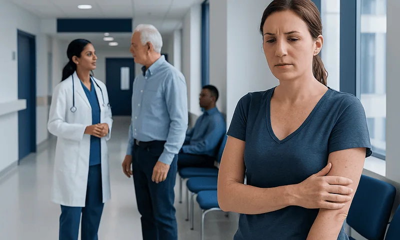 Woman with hives looks worried in hospital corridor.