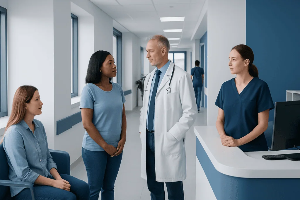 Brown Discharge Implant: Benefits, Risks, and Recovery — A Complete Guide 1 Doctor consulting with female patients in hospital corridor.
