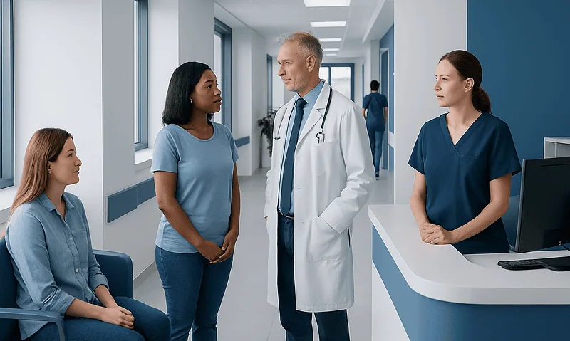 Health Library 6 Doctor consulting with female patients in hospital corridor.
