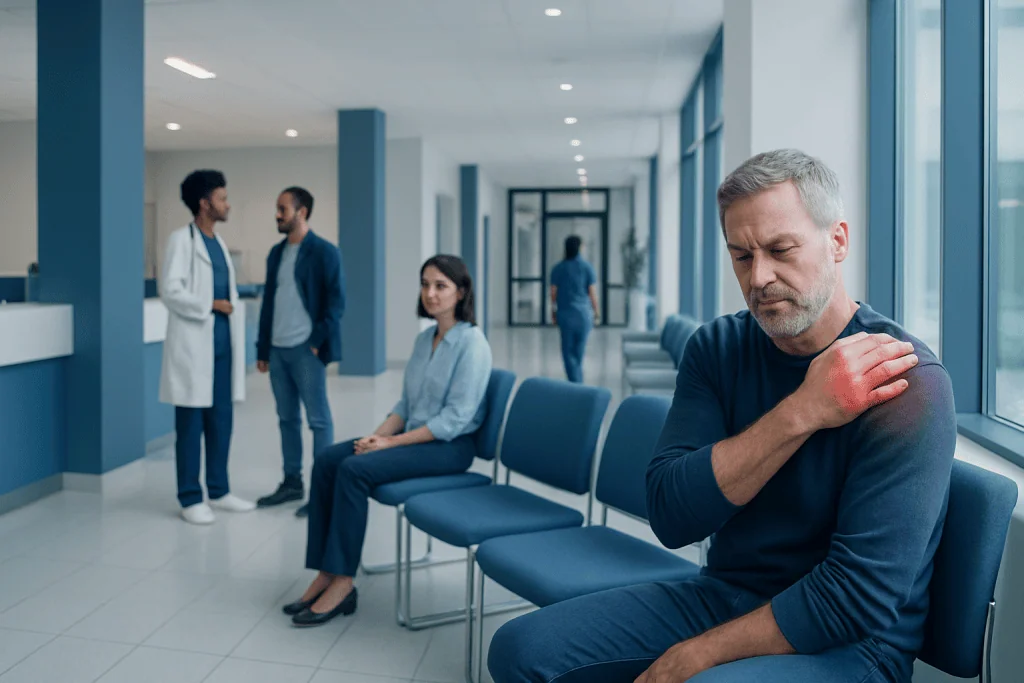 Burning Pain in Shoulder: Possible Causes and When to Seek Care 1 Man with shoulder pain waiting in hospital corridor.