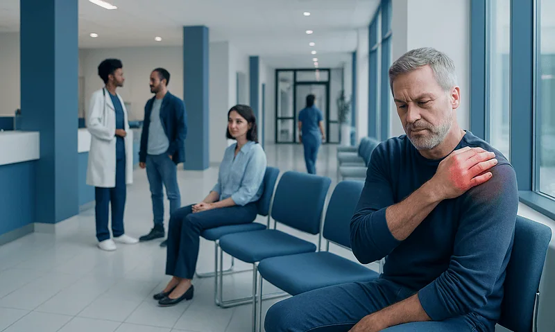 Man with shoulder pain waiting in hospital corridor.