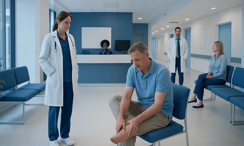 Patient consulting with doctor about heel pain in hospital corridor.