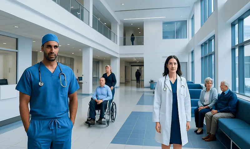 Healthcare professionals and patients in a modern hospital lobby.