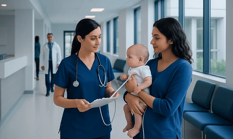 Pediatric nurse consulting with mother and baby in hospital corridor.