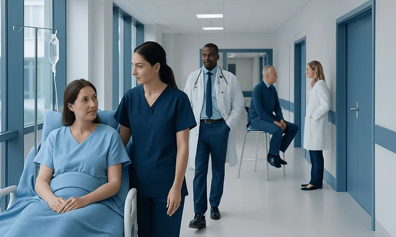 Healthcare professionals and patient in hospital corridor with IV drip.