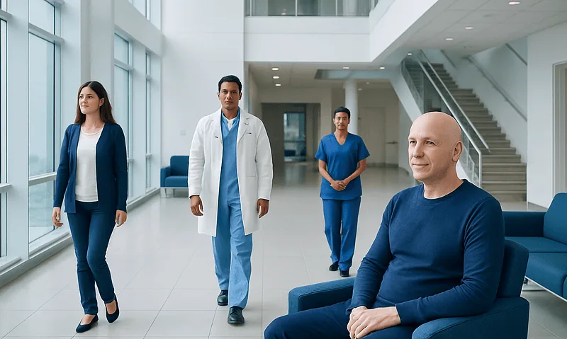 Medical team with patient in modern hospital lobby.
