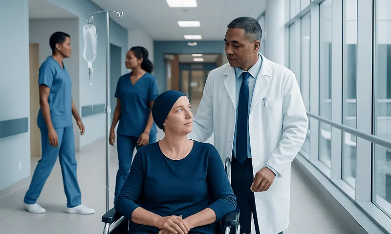 Doctor talking to a patient in a hospital corridor with nurses in the background.