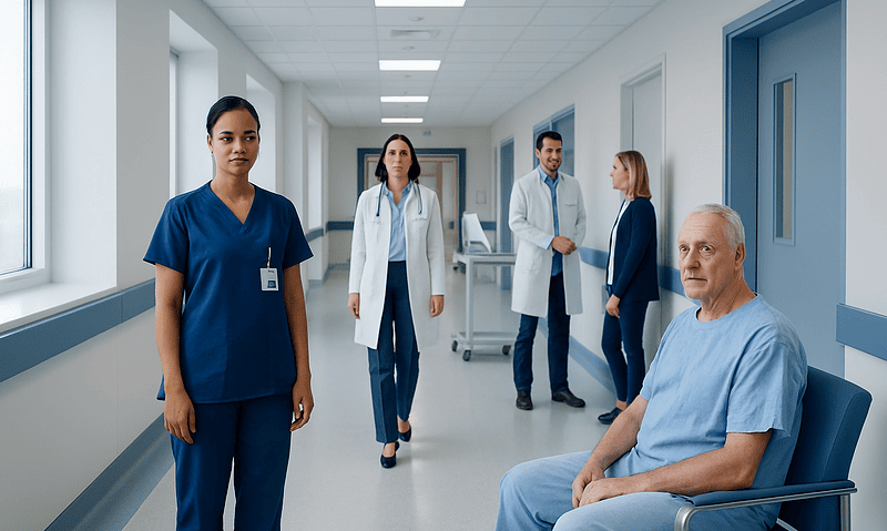 Medical team and patient in hospital corridor at Acibadem Hospitals Group.