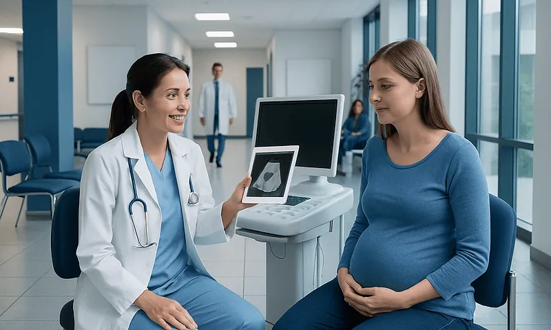 Pregnant woman consulting with doctor about ultrasound results at hospital.