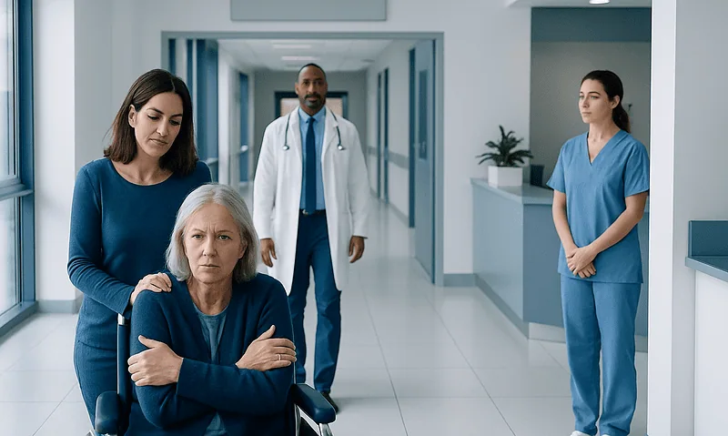 Elderly woman in wheelchair with caregivers and doctor in hospital corridor.