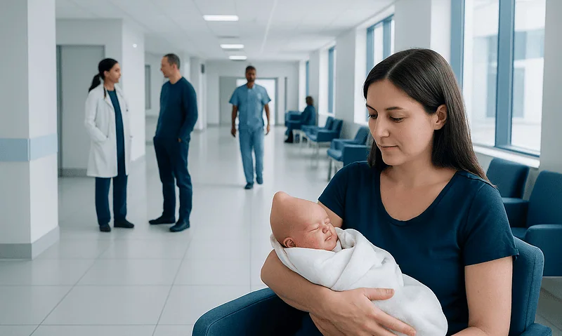 Cone Head Baby: What Patients Need to Know 9 Newborn baby in arms of a woman at a hospital corridor.