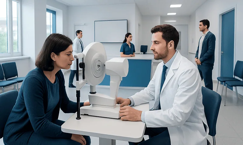 Optometry exam with advanced eye testing equipment at Acibadem Hospital.