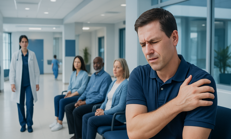 Man with shoulder pain in hospital waiting area.