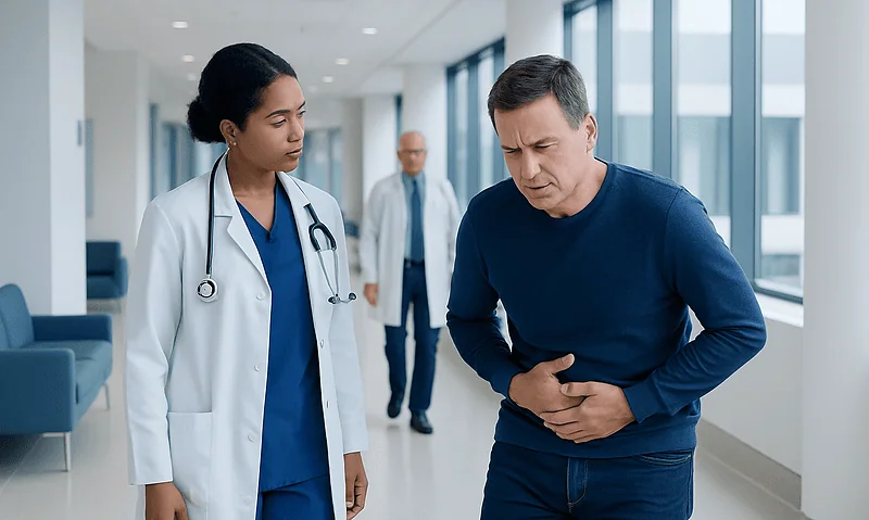 Patient experiencing abdominal pain with healthcare professionals in hospital corridor.