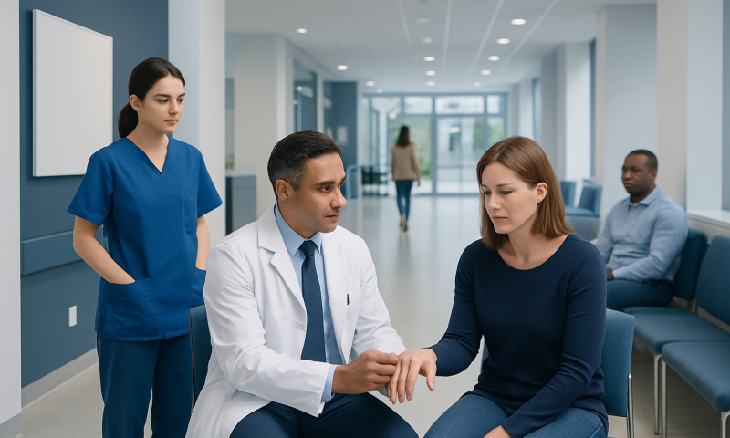 Doctor examining patient's hand in a modern hospital corridor.