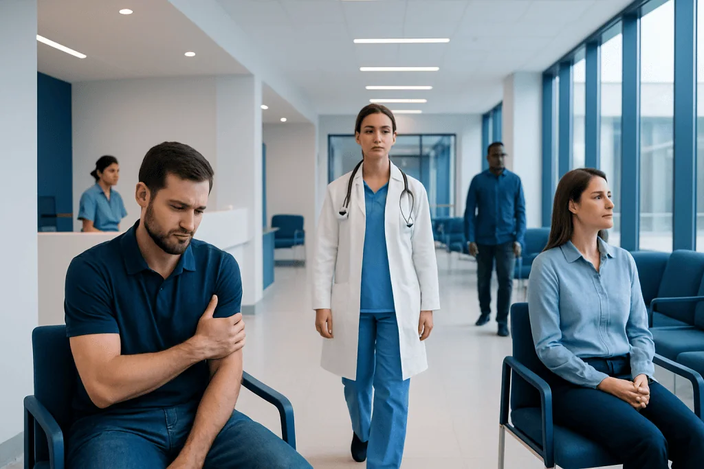 Dull Left Arm Pain That Comes and Goes 1 Patients waiting in a hospital corridor with medical staff present.
