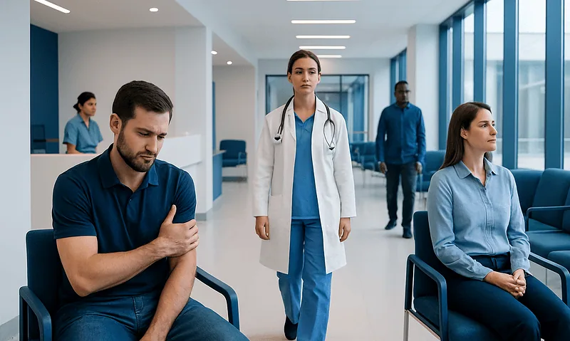 Dull Left Arm Pain That Comes and Goes 4 Patients waiting in a hospital corridor with medical staff present.