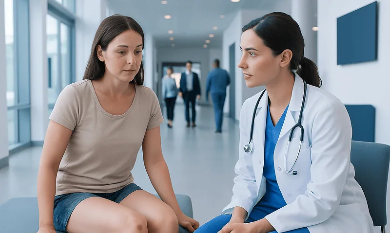 Doctor consulting with young woman in hospital corridor.