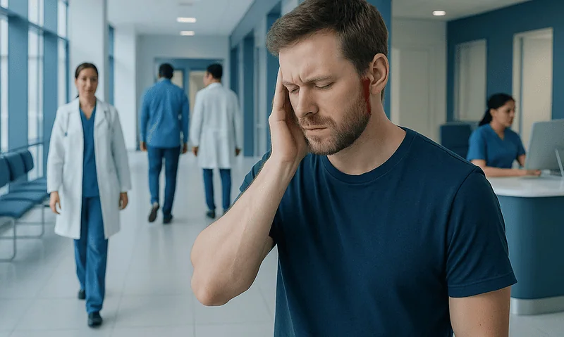 Man experiencing ear pain in hospital corridor with medical staff in background.