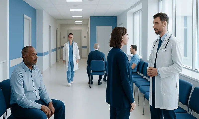 Medical consultation in a hospital corridor with doctors and patients.