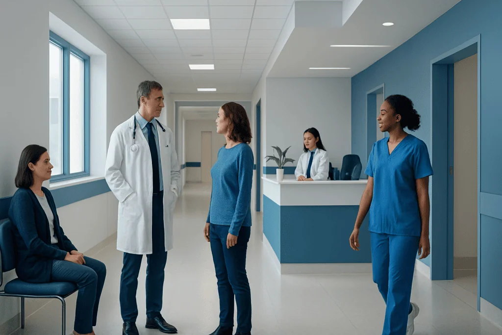 Eea Surgery: Procedure, Recovery and Results 1 Medical consultation in a hospital corridor with doctor and nurses.