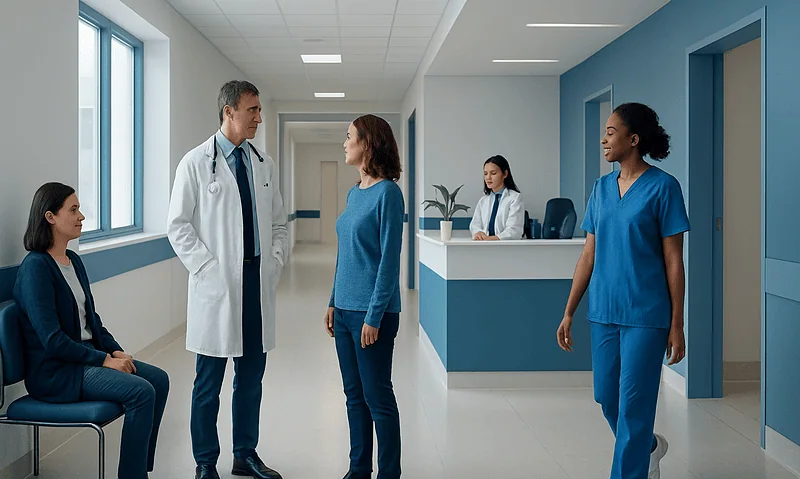 Medical consultation in a hospital corridor with doctor and nurses.