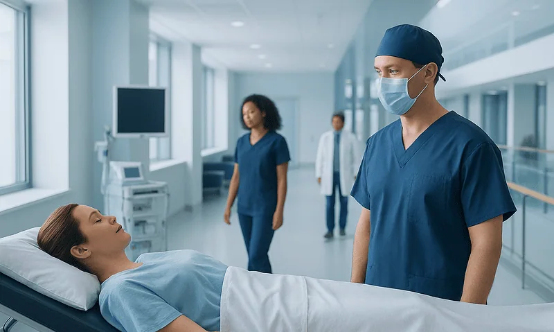 Surgeon and medical team preparing patient in hospital corridor.