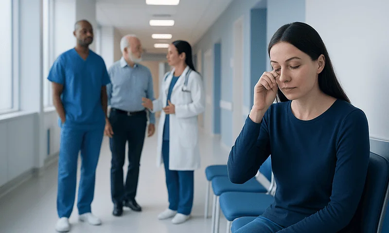 Young woman experiencing eye discomfort in hospital corridor.