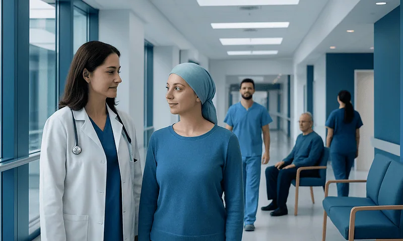 Doctor and patient having a conversation in a hospital corridor.