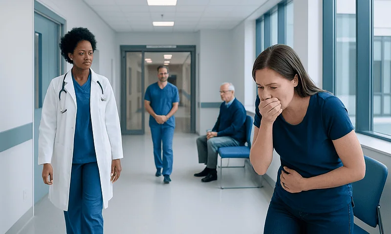 Woman in pain holding her stomach in a hospital corridor with medical staff nearby.