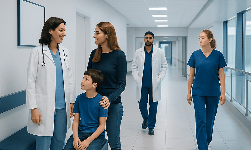 Fecal Transplant Autism: Procedure, Recovery and Results 5 Medical team and patient family in hospital corridor.