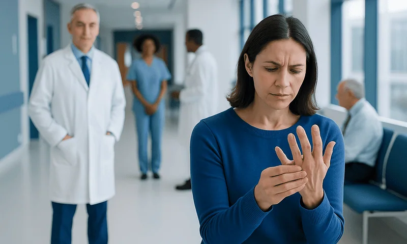 Woman with finger pain at a hospital, healthcare professionals in background.