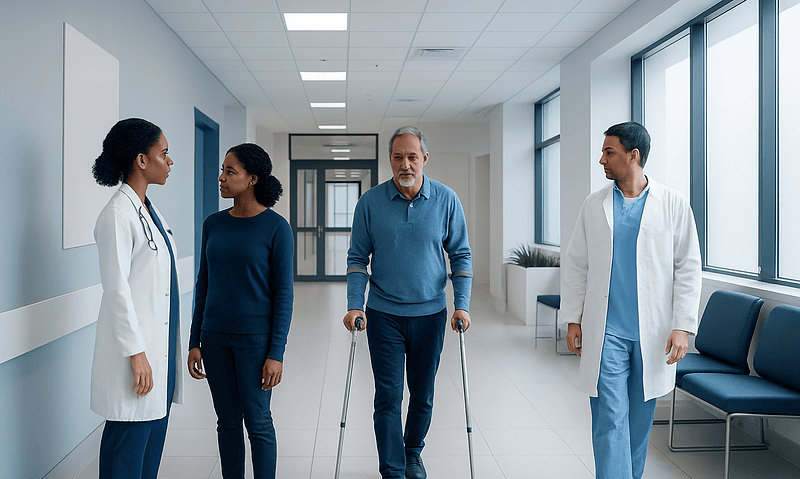 Elderly man with crutches walking in hospital corridor with medical staff.