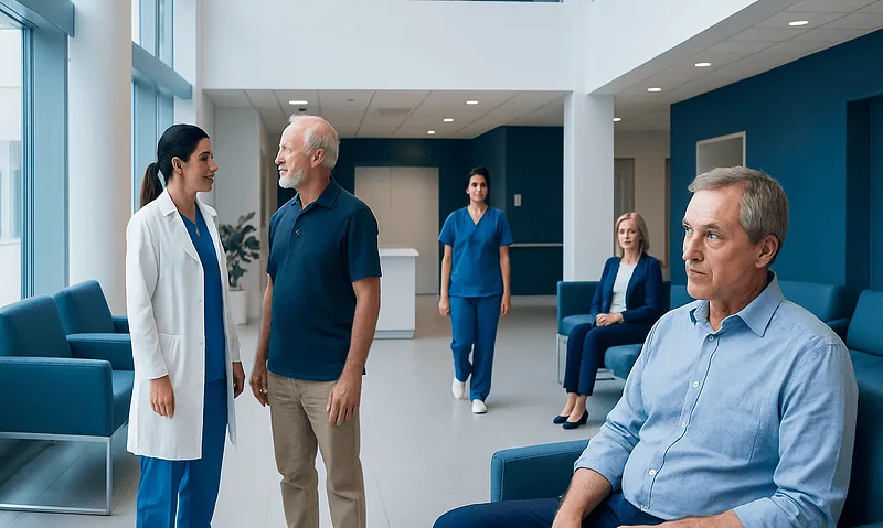 Patients and medical staff in a modern hospital waiting area.