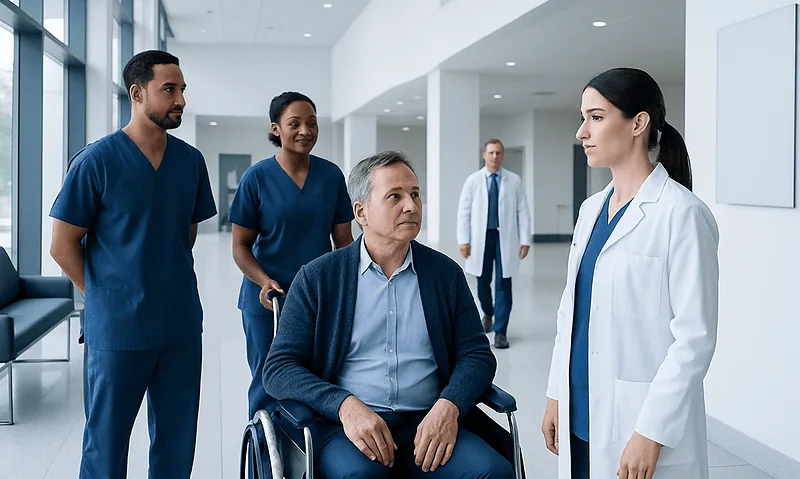 Medical team consulting with patient in hospital corridor.