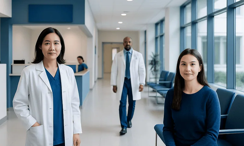 Medical professionals in a hospital corridor at Acibadem Hospitals Group.