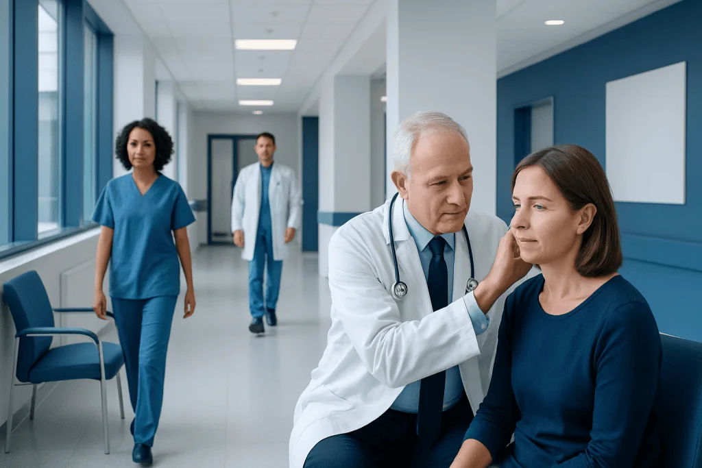 Hearing Damage Treatment: Early Signs, Risk Factors, and How It Is Treated 1 Doctor examining a patient's ear in a hospital corridor.