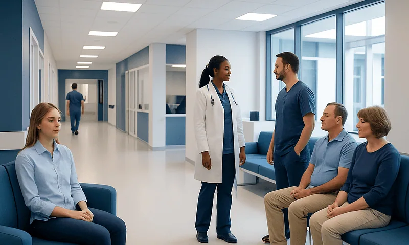 Medical team consulting with patients in a modern hospital corridor.