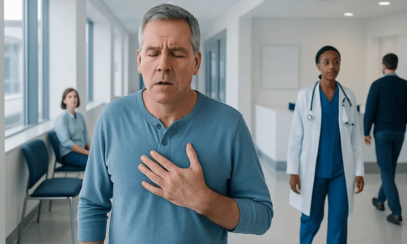 Middle-aged man experiencing chest discomfort in hospital corridor.
