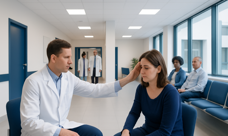 Doctor examining a woman's eyes in a modern hospital corridor.