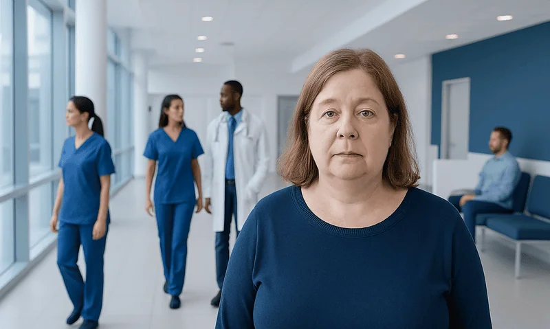 Middle-aged woman with hypothyroidism in hospital corridor with medical staff.