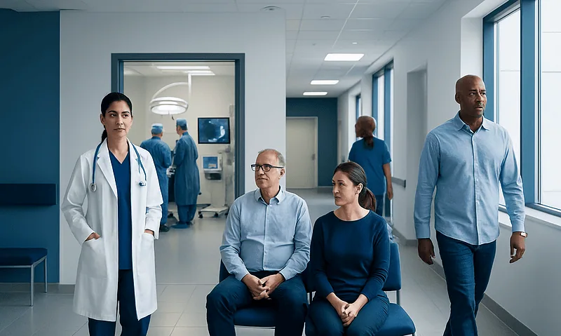 Medical team and patients in a modern hospital corridor.
