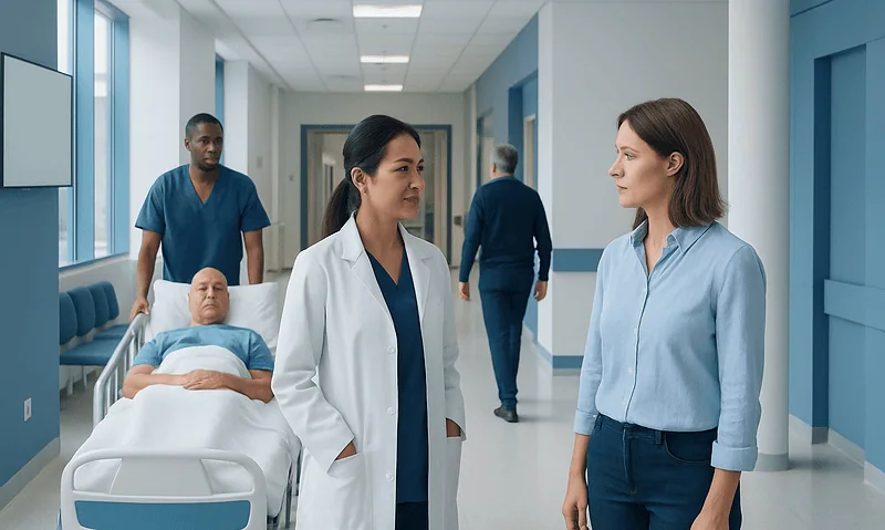 Medical professionals discuss patient care in hospital corridor with patient bed nearby.