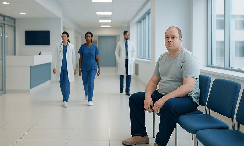 Patient waiting in hospital corridor with medical staff in background.