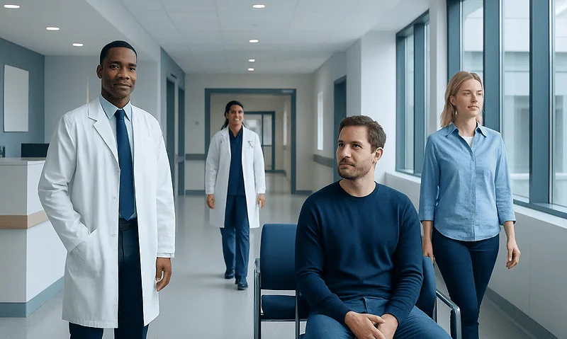 Medical team in hospital corridor with patient and staff members.