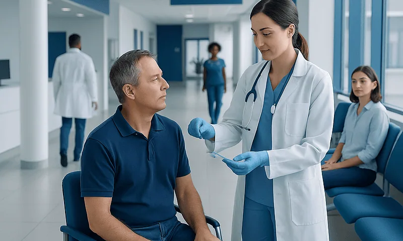 Doctor consulting with a male patient in a hospital corridor.
